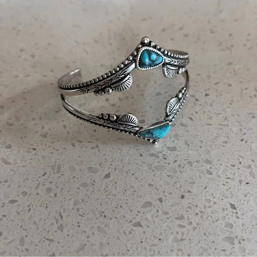 Natural Blue Turquoise‎ Stone Decor Western Metal Cuff Bangle Bracelet
